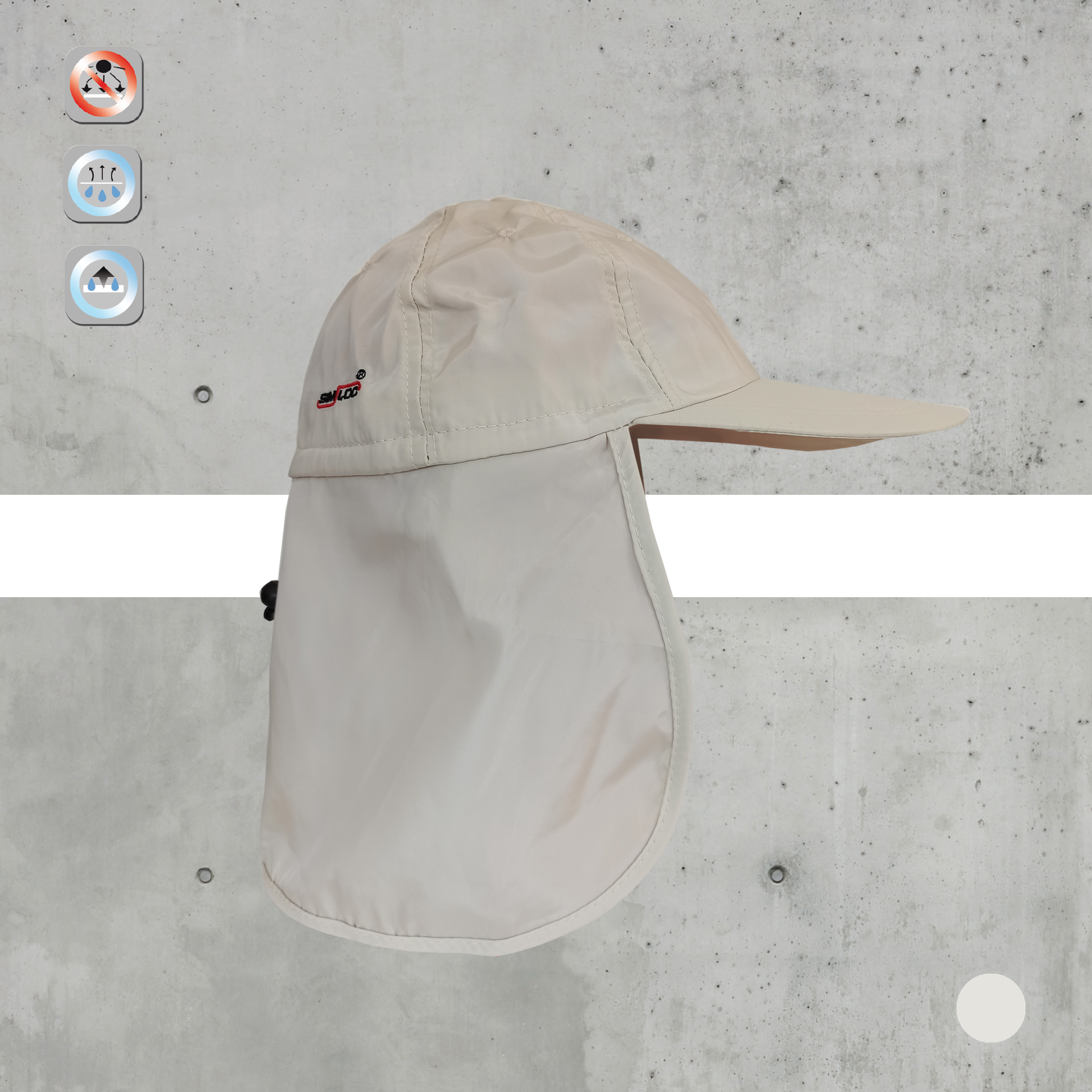 Beiger SPECIAL_LINE-Hut mit Nackenschutz, verstellbarer Kordel und Logo; Icons zeigen Produktvorteile: Schutz, Komfort, Stil.