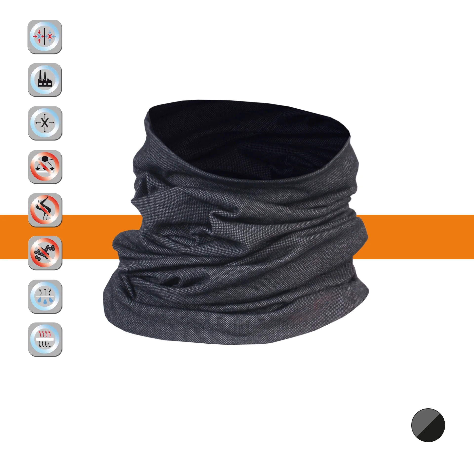 Dunkelgrauer Halswärmer vor oranger Linie, links sieben Icons für Produktvorteile. Unten rechts Hinweis auf Kombination mit ORANGE_LINE Longsleeve.