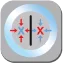 Modernes FR-T-Shirt-Design: Grauer Button mit schwarzem Strich, rote und blaue Pfeile symbolisieren Dynamik und Individualität.