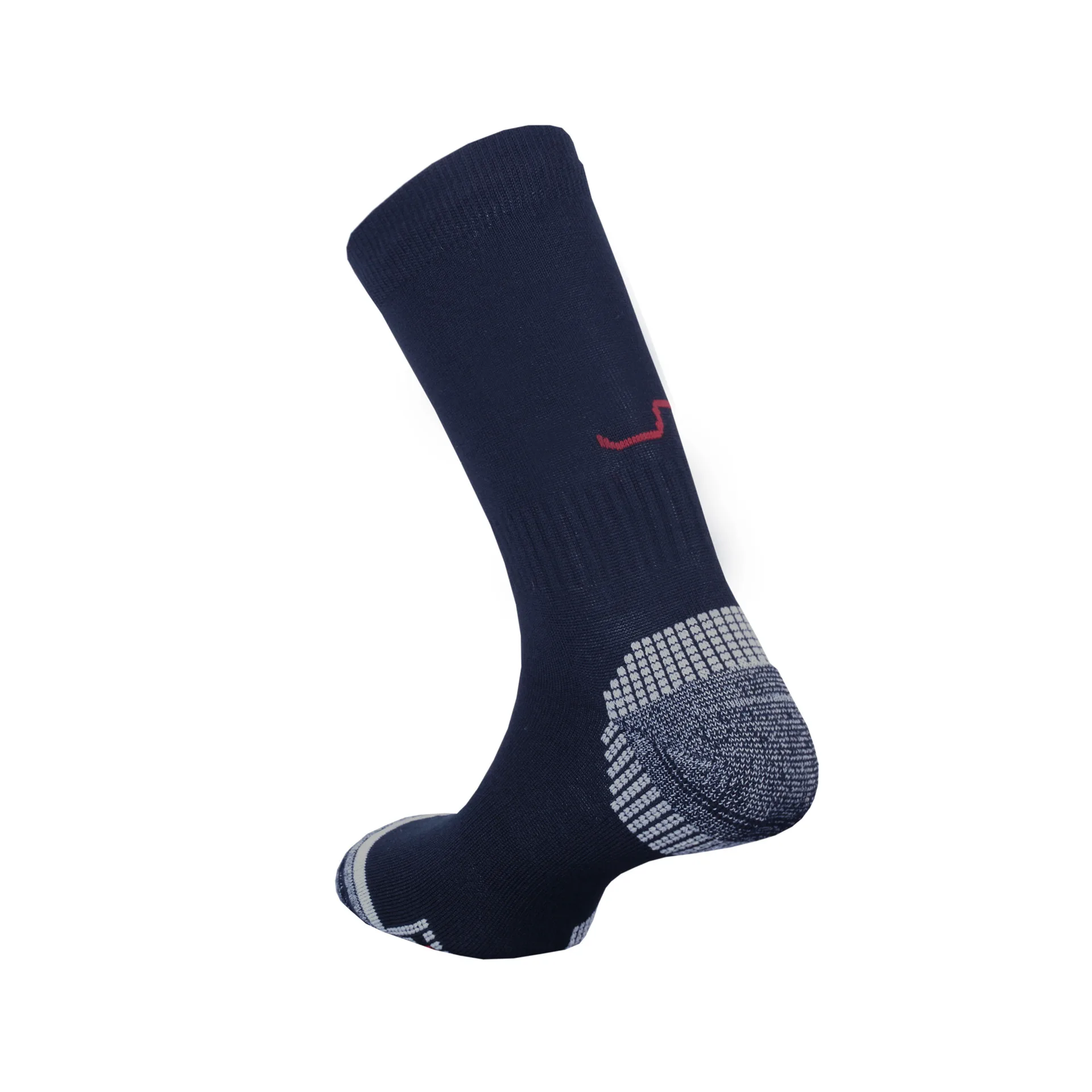 Sportliche, navyblaue FR Socken mit robuster Polsterung, rutschfestem Muster und rotem Akzent - für maximalen Komfort und Stil.